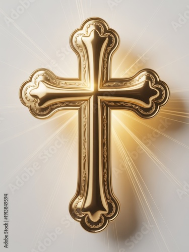 Radiant Faith: A golden cross radiates divine light, symbolizing faith, hope, and spiritual devotion. An emblem of Christian belief.