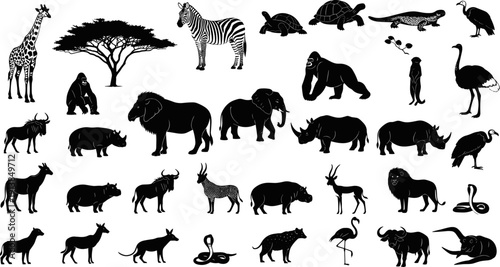 Safari animal silhouette collection, wild African wildlife vector set, elephant giraffe lion zebra graphics, savannah nature creature icons, isolated black fauna elements.