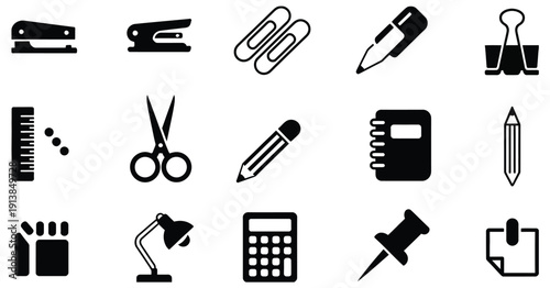 Collection of Black Office Supplies and Stationery Icons, featuring pens, pencils, notebooks, paper clips, folders, rulers, scissors, and workplace tools, minimal silhouette vector symbols for busines