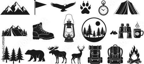 Mountain adventure camping icon collection, forest hiking outdoor vector set, wilderness travel equipment graphics, isolated black landscape nature symbols, national park exploration elements.