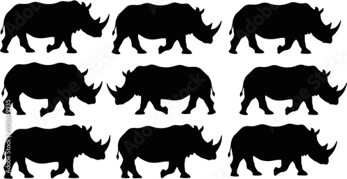 Rhino silhouette collection, wild rhinoceros walking vector set, safari animal wildlife graphics, african horn mammal icons, isolated black savannah elements.