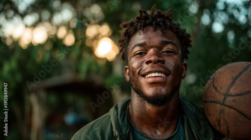 A joyful young man holding a basketball poses for a picture, showcasing his enthusiasm and love for sports against a natural backdrop during golden hour.