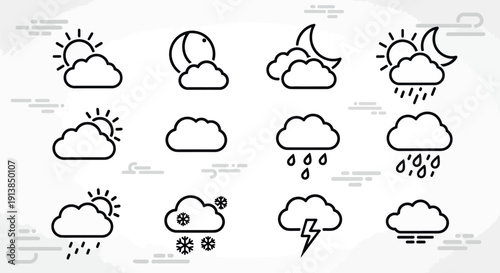 Weather Icons Set in Simple Line Art Style with Black Color on White Background for Web Design