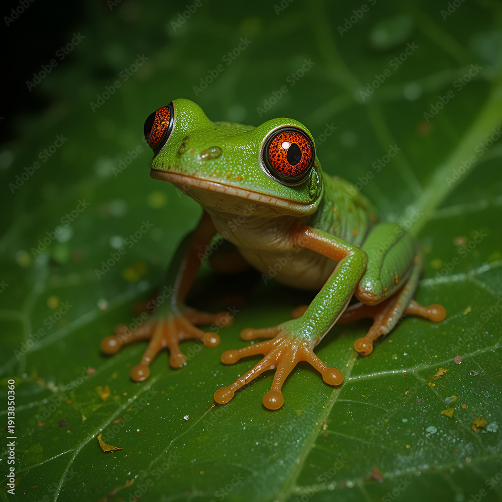 Naklejka premium A parachuting red-eyed leaf frog (Agalychnis saltator) sits on a leaf at night in Tortuguero National Park, Costa Rica.