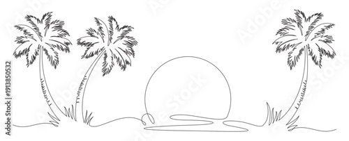continuous line drawing of a beach scene with palm trees 3.eps