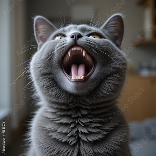 The gray cat looks up, mewing and having widely opened a mouth