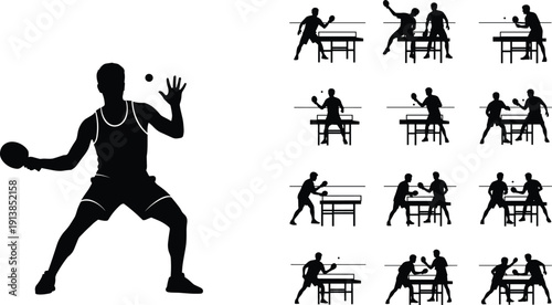 Table tennis player silhouettes collection, dynamic ping pong match action poses set, isolated vector illustration for indoor sport and competition themes