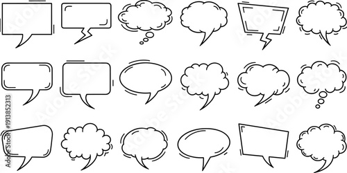 Comic speech bubbles set with hand drawn doodle style, blank chat boxes and thought balloons for communication design, isolated on white background,