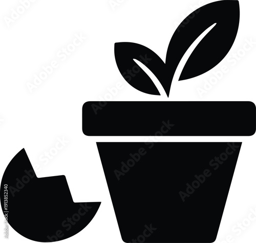 Black and white icon of a potted plant with a broken eggshell seedling sprout