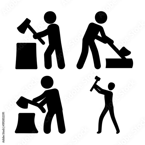 Human silhouette icons illustrating various stages of wood cutting with an axe