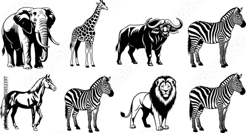 Set of wild animals vector illustration including elephant, giraffe, zebra, lion, buffalo and horse, safari wildlife collection isolated on white,