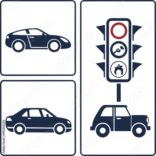Different car types with a stoplight display.