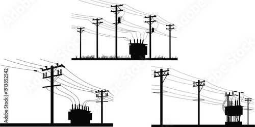 Silhouette utility poles and transformers with overhead power lines, rural electrical distribution network vector illustration, industrial infrastructure, energy transmission concept