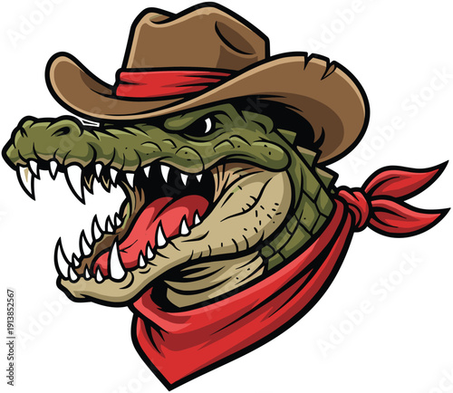 Fierce cartoon crocodile mascot wearing a brown cowboy hat and red bandana with open jaws and sharp teeth for sports team branding.
