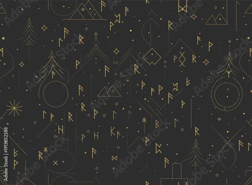 Golden Nordic runes, mountains and pine trees seamless pattern, vector 10