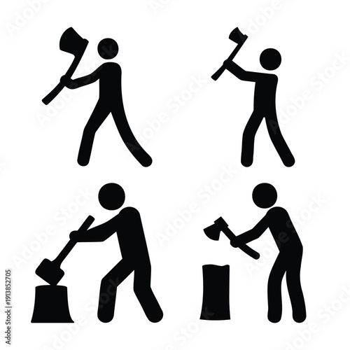 Four black stick figures illustrating the various stages of chopping wood with an axe