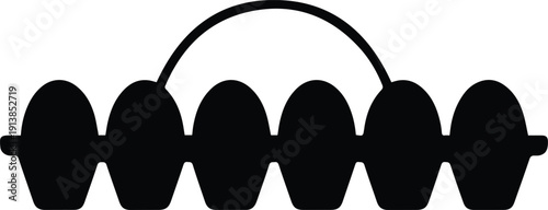 Black silhouette of a six-egg carton with a curved handle on white Keywords: eggs, egg carton