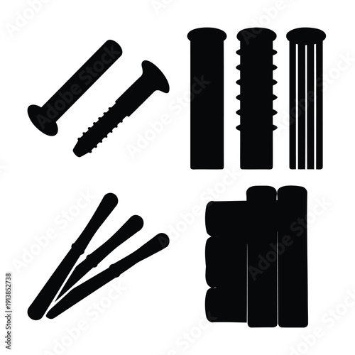 Assortment of common fasteners, anchors, and holding accessories silhouette set