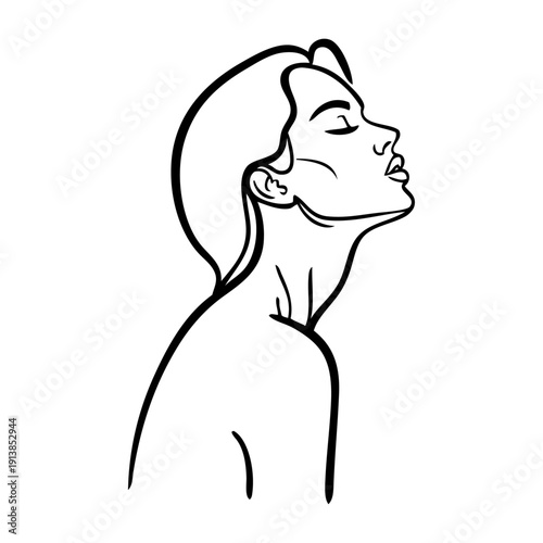 Dibujo con líneas del retrato de una hermosa joven de perfil enviando un beso