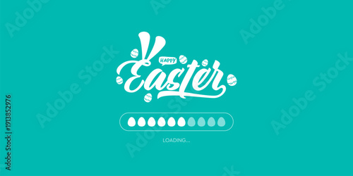 Happy Easter loading bar on turquoise background, creative holiday progress bar with eggs and bunny ears, seasonal web banner design. Minimalist Easter holiday banner showing egg-shaped progress bar