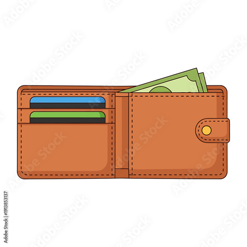 An illustration of a brown leather wallet with cash and cards inside on a white background.