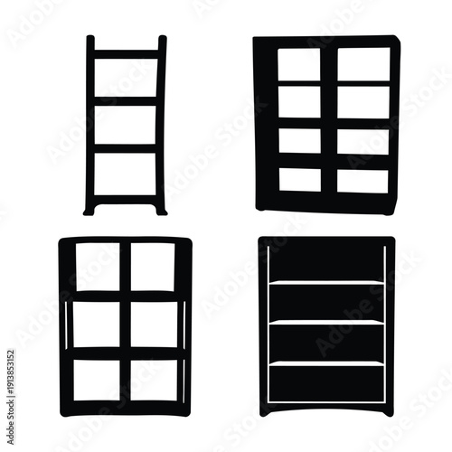 Minimalist collection of black furniture silhouettes, including diverse shelving units and cabinets