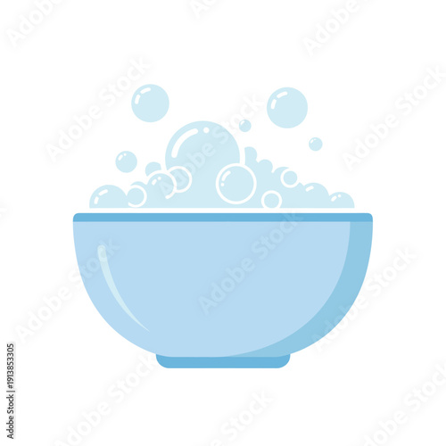 An illustration of a blue bowl filled with soap bubbles on a white background.