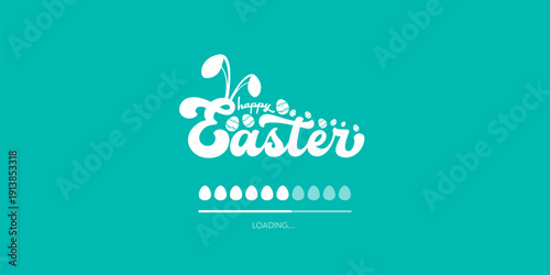 Happy Easter loading bar on turquoise background, creative holiday progress bar with eggs and bunny ears, seasonal web banner design. Minimalist Easter holiday banner showing egg-shaped progress bar