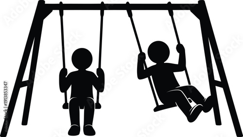 Two silhouetted figures on a black and white playground swing set