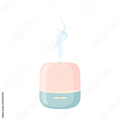 An illustration depicts an aromatherapy humidifier emitting mist on a white background.