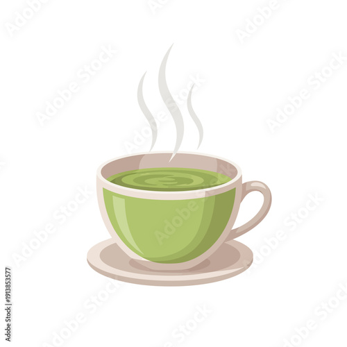 A steaming cup of green tea sits on a saucer indoors.