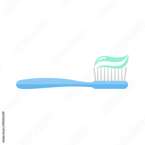An illustration of a blue toothbrush with green toothpaste on its bristles.