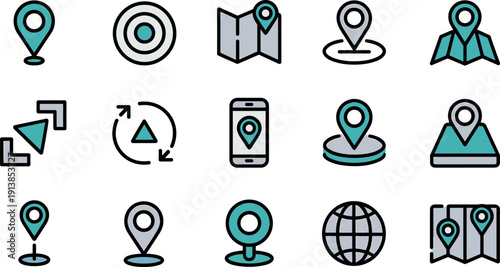 Location and navigation icons set vector illustration with map pins gps smartphone and route symbols collection