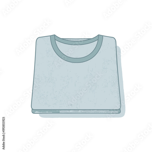A light blue t-shirt with a round neckline is neatly folded on a white surface.