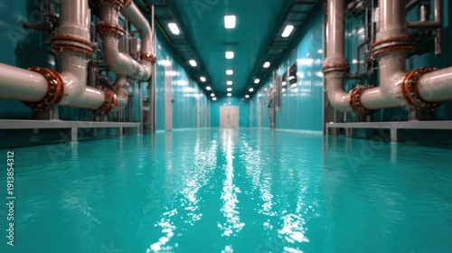 Wallpaper Mural This image features industrial pipes against a slick turquoise floor, creating a striking visual balance between functionality and aesthetic appeal in a modern environment. Torontodigital.ca