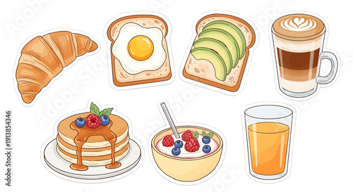 Assorted breakfast foods and drinks illustration featuring croissant, toast, pancakes, and beverages in a flat design.