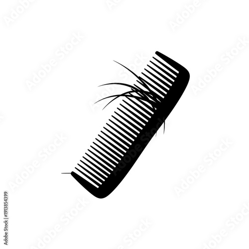 Black comb with tangled hair on white background, viewed from directly above, showcasing grooming tool in simple illustration