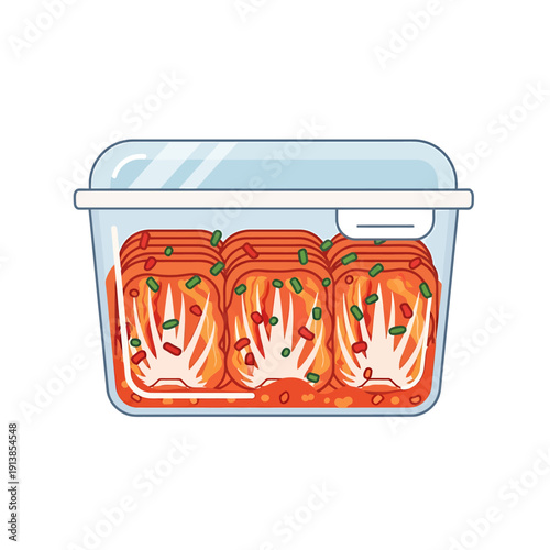 A clear plastic container holds multiple slices of pizza with melted cheese and colorful toppings.