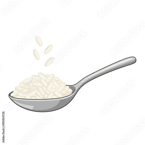 A spoonful of rice being poured, an illustration of food in a utensil.