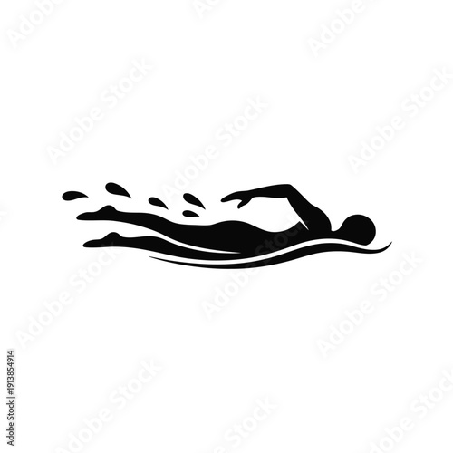 Swimmer silhouette illustrates freestyle swimming motion with water.