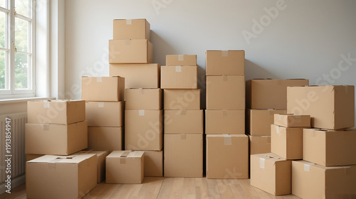 Cardboard boxes stacked in a room; moving day; home organization; stock photography