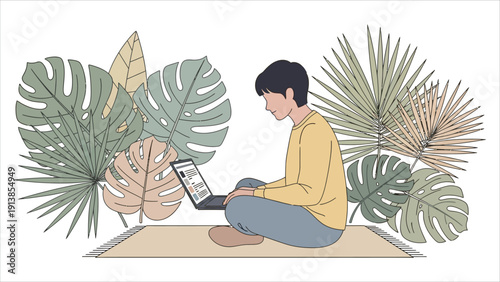  A Person Enjoying Nature While Working With A Laptop; Modern Lifestyle Vibe