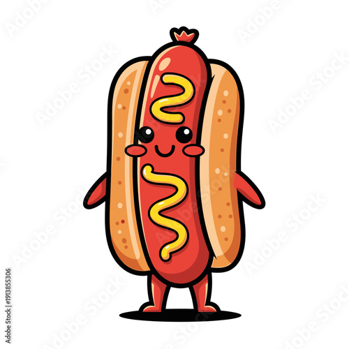 A cartoon hot dog with ketchup and mustard toppings stands on a white background smiling.