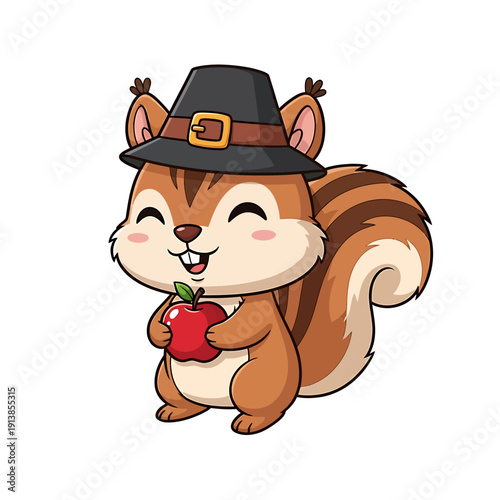 A cartoon squirrel in a pilgrim hat happily holds a red apple.