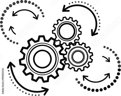 Interlocking gears illustrate mechanical rotation and process.