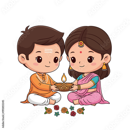 A cartoon boy and girl in traditional Indian attire holding a lit diya with flowers around them.