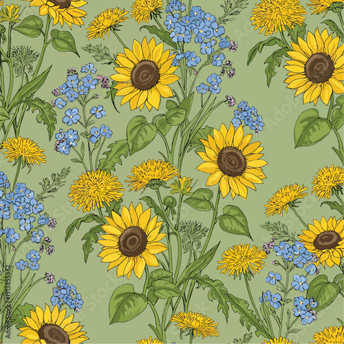 Botanical illustration of sunflowers, dandelions, and forget-me-nots on a green background