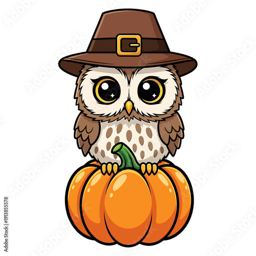 Cartoon owl wearing pilgrim hat holding pumpkin in autumn illustration