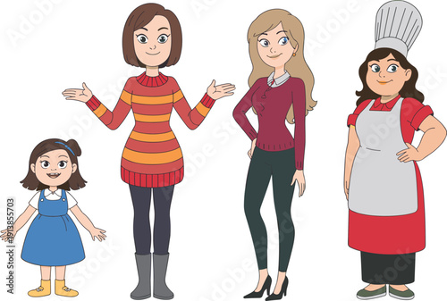 Cartoon Family and Women Characters in Various Poses, from Child to Adult and Chef, for Animation, Lifestyle, and Educational Designs