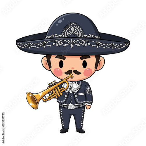 A cartoon mariachi player wearing a sombrero plays a trumpet with passion and energy outdoors.
